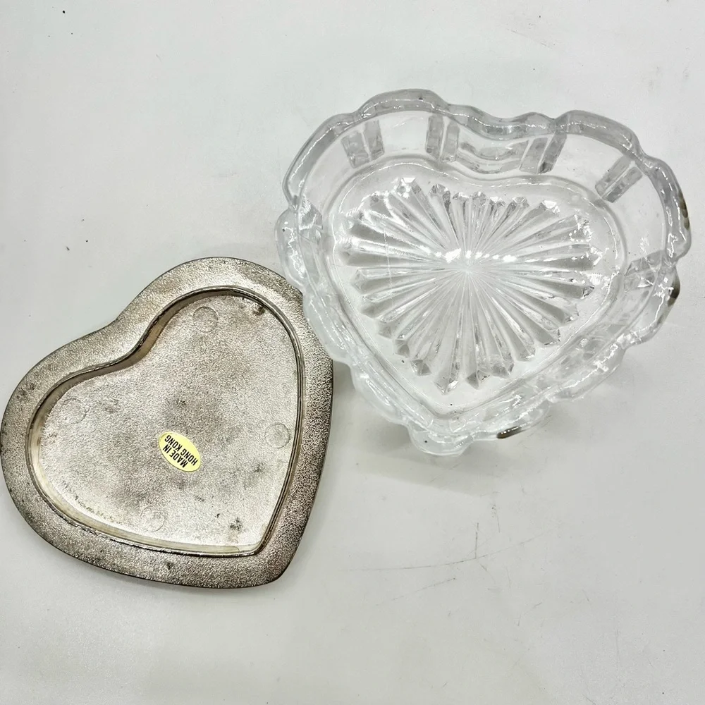 Vintage Heart-Shaped Silver and Glass Jewelry Trinket Box Ring Box cottage core